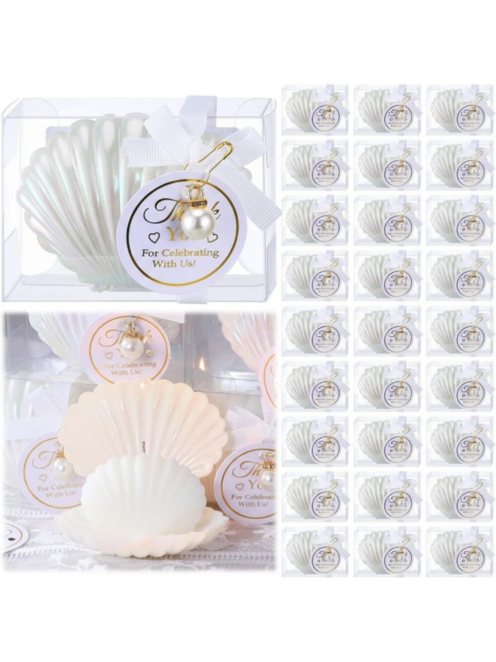 Seashell Candle Wedding Favors - 30 Sets, Scented with White Ribbon Decor